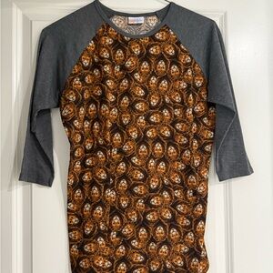 LuLaRoe Women's Raglan Tee with Lion Print in Gray and Orange
